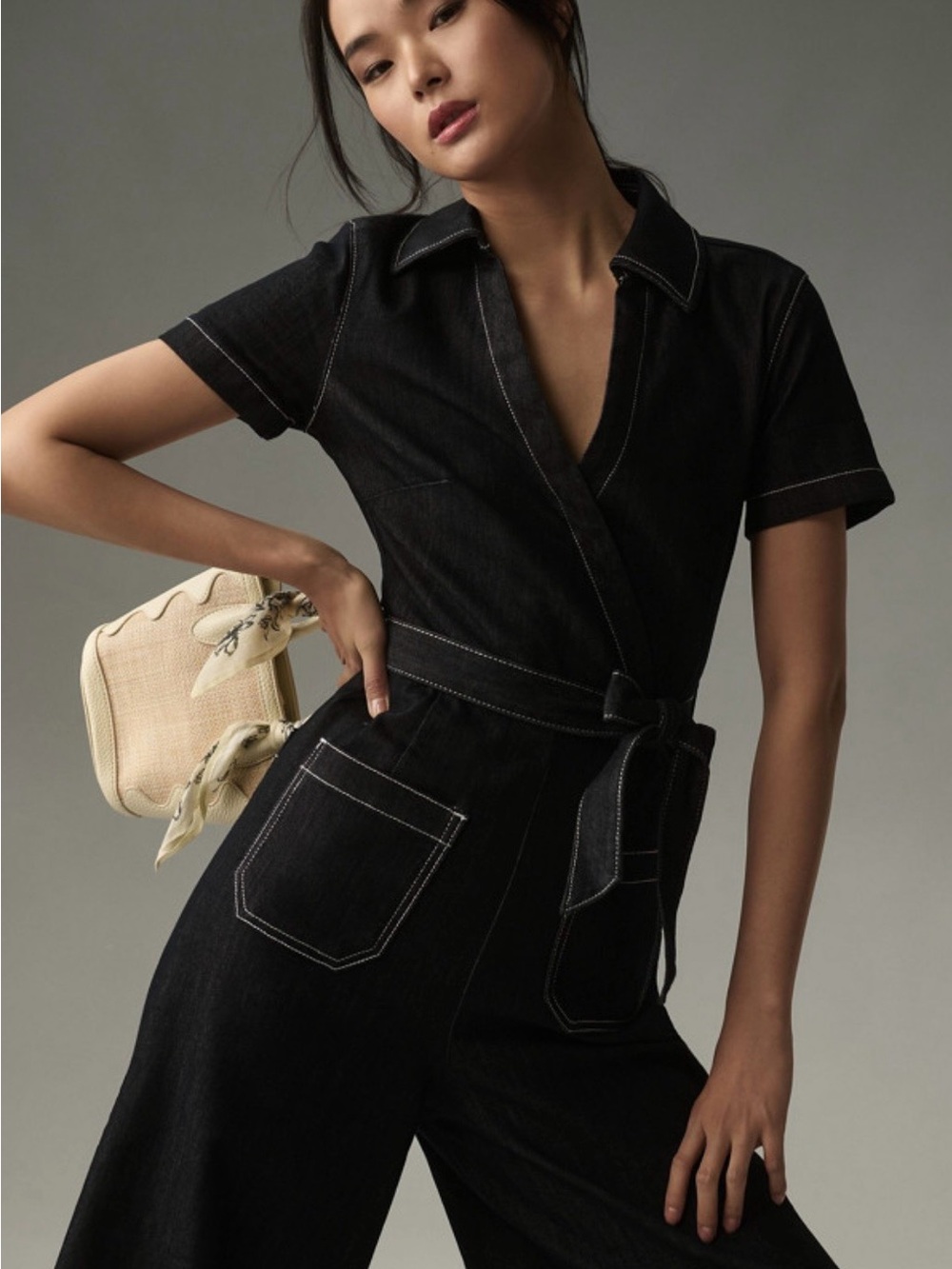 Anthropologie Maeve Black Denim Wrap Jumpsuit with White Topstitching Sz 6